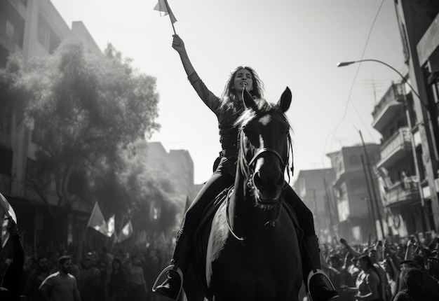 Mujer a caballo en el campo abierto.