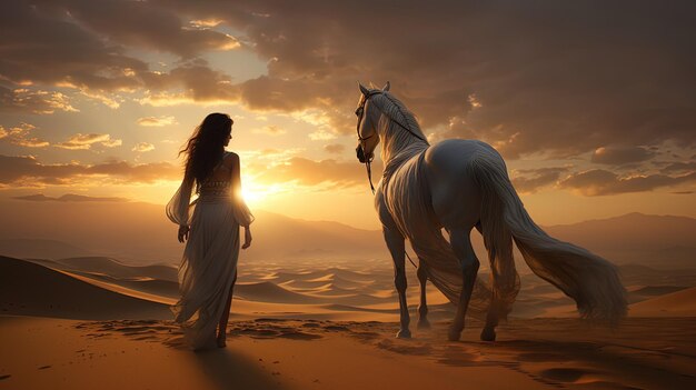 Foto una mujer y un caballo en el desierto al atardecer