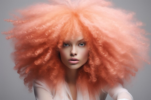 Mujer con cabello afro de color melocotón en el estilo rococó colores pastel iluminación de caja blanda