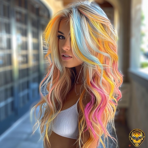 una mujer con cabello de arco iris y un cabello de color arco Iris