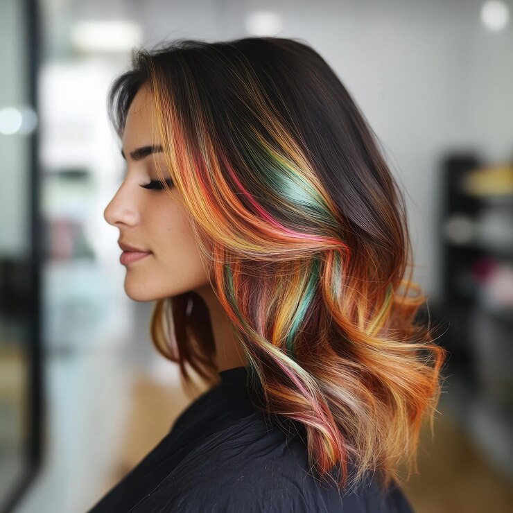 una mujer con cabello arco iris está usando una camiseta negra con colores arcoíris