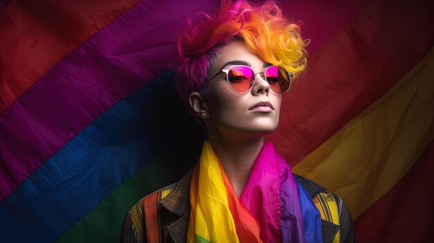 Una mujer con cabello de arco iris con gafas de sol y cabello de color arcoirísquio con una peluca de color arca iris.