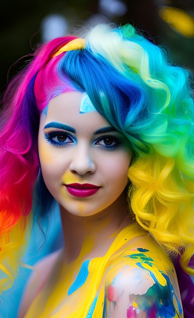 Una mujer con cabello de arco iris pintado con los colores del arco iris.