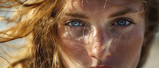 Foto una mujer con el cabello azotado por el viento comparte un momento de intenso contacto visual que irradia atractivo natural