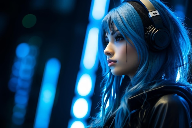 una mujer con cabello azul y auriculares