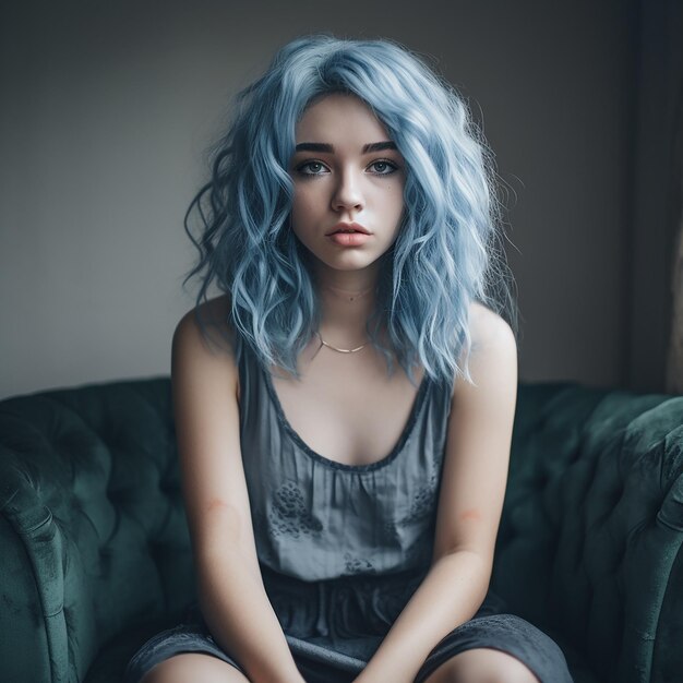 una mujer con cabello azul y un cabello azul con una etiqueta que dice "te amo".