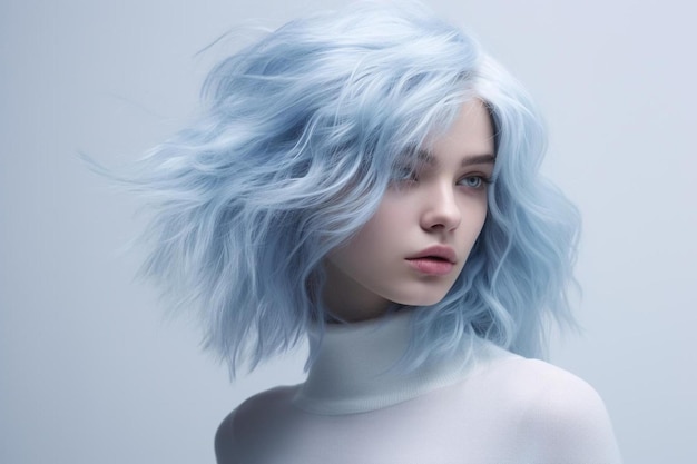 una mujer con cabello azul y una camisa blanca con cabello azul