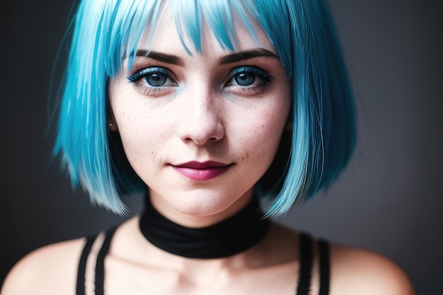 Una mujer de cabello azul y camisa negra.