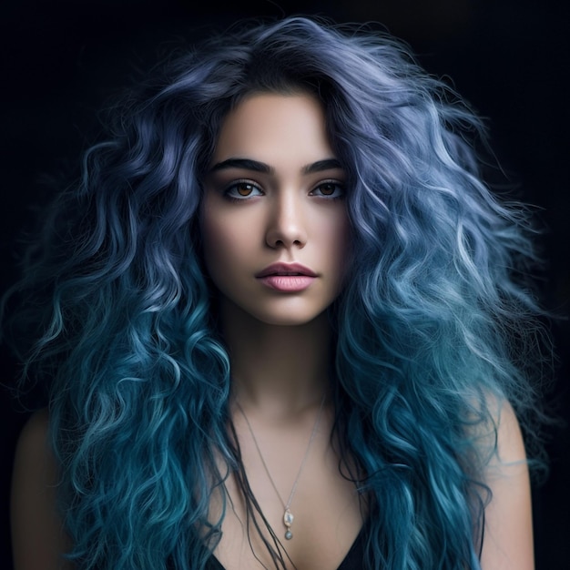 Una mujer con cabello azul y un collar.