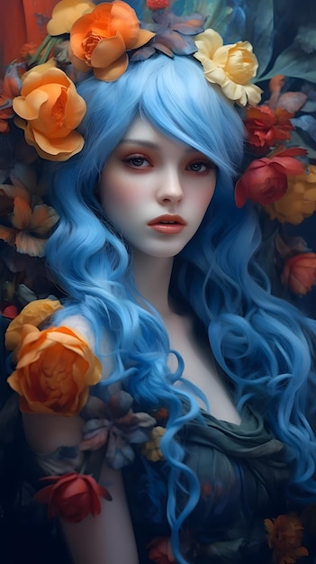Una mujer con el cabello azul está usando flores en el estilo de motor irreal 5 bella kotak realista h
