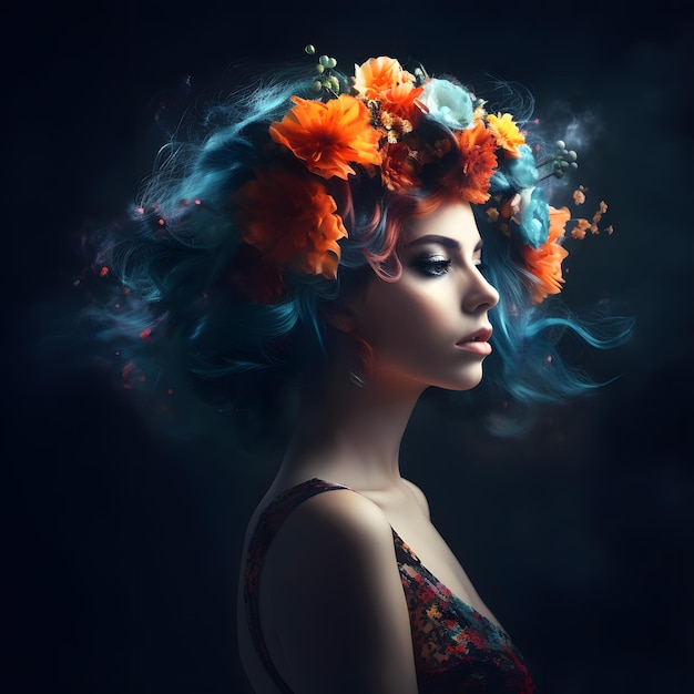 Una mujer con cabello azul y flores en la cabeza.