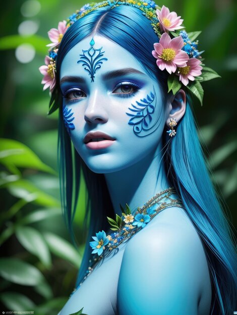 Una mujer con cabello azul y flores en la cara.