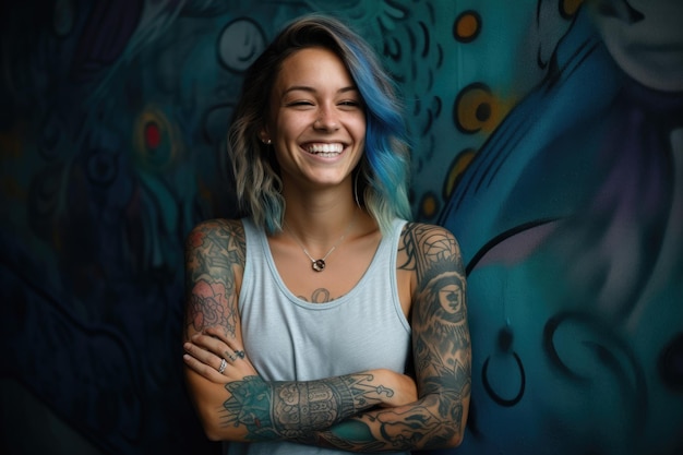 Foto una mujer con cabello azul se para frente a una pared de graffiti