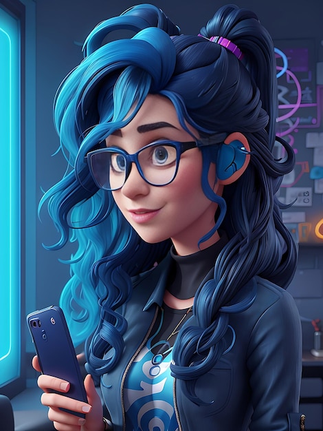 Mujer cabello azul gafas enmarcadas rockstar futurista neón cabello largo ondulado fondo de celular