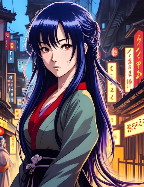 Una mujer con cabello azul y un kimono verde está parada en una calle.