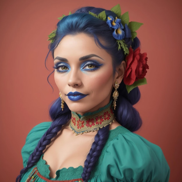 Una mujer con cabello azul y maquillaje azul con flores en su collar Vestido tradicional latino