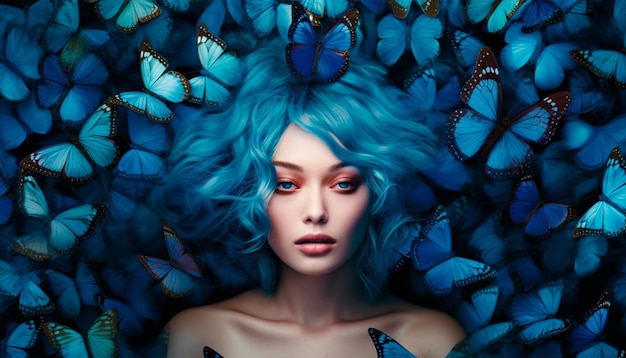 Foto una mujer con cabello azul y mariposas azules.