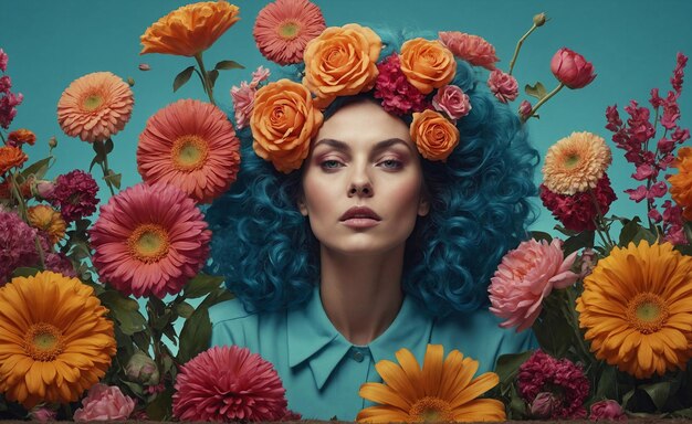 una mujer con el cabello azul que tiene flores en él