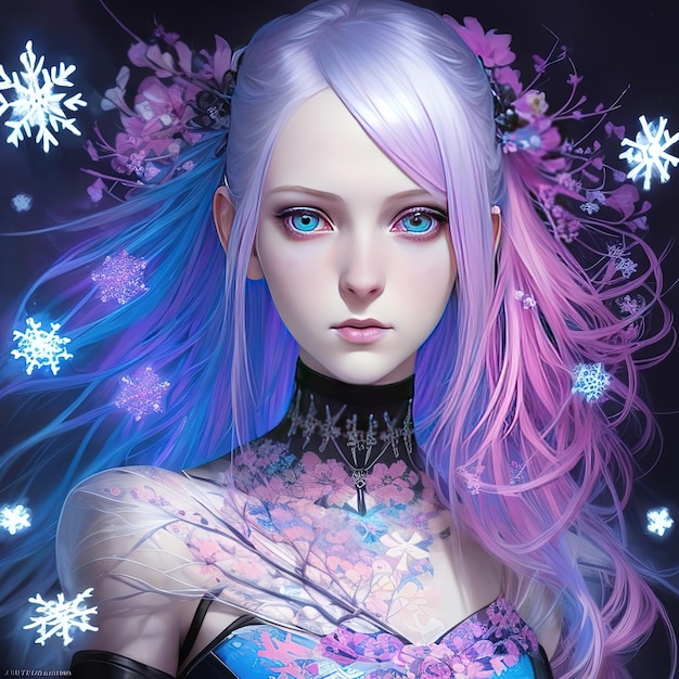 Una mujer con cabello azul y rosa y cabello rosa y morado con copos de nieve en la cabeza.