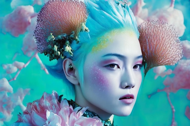 Una mujer con cabello azul y rosa y una flor en la cabeza.
