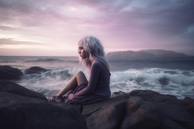 Una mujer con cabello azul se sienta en una roca con un arco iris en el fondo