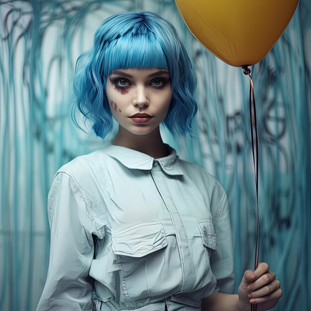 una mujer con cabello azul sosteniendo un globo amarillo