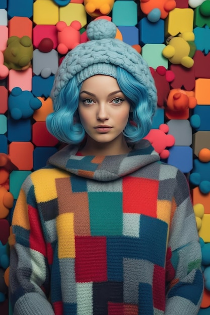 Una mujer con cabello azul y un suéter colorido está de pie frente a una pared con formas coloridas.