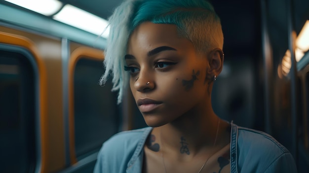 Una mujer con cabello azul y un tatuaje azul en la cabeza mira a la cámara.