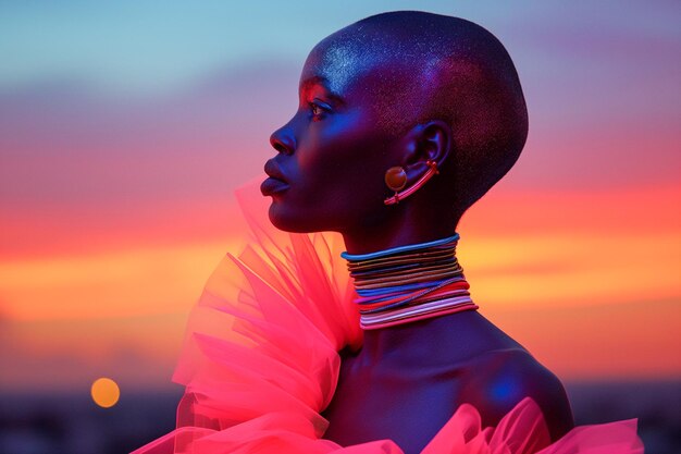 Una mujer con cabello azul y un vestido rosado está de pie frente a una puesta de sol