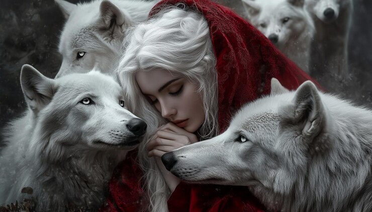 una mujer con cabello blanco y una bufanda roja está rodeada de perros