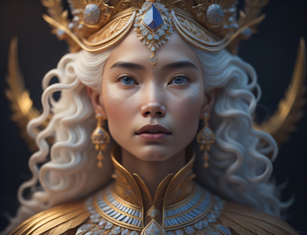 Una mujer con cabello blanco y una corona de oro con un diamante azul en la cabeza.