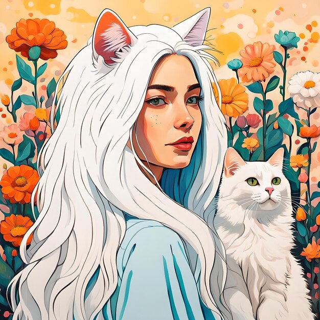 Foto una mujer con cabello blanco largo y un gato frente a un campo de flores