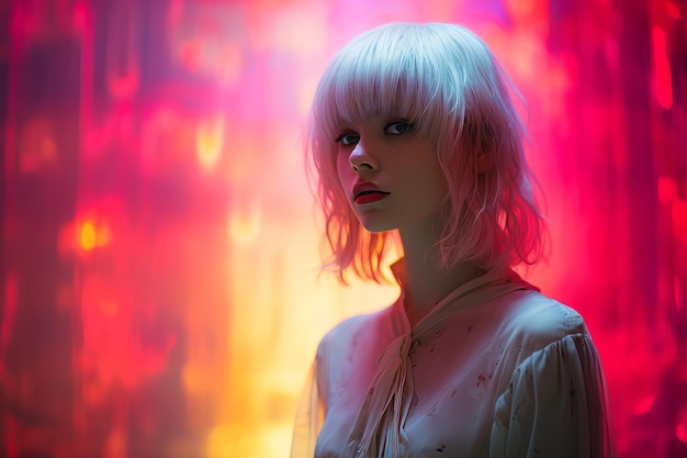 una mujer con cabello blanco parada frente a luces de colores