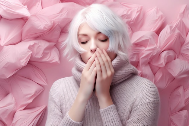 Una mujer con cabello blanco y un suéter rosa.