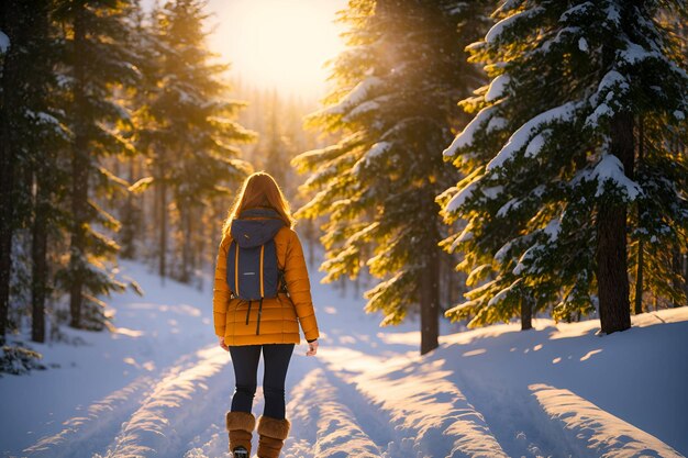 Una mujer con cabello castaño un abrigo naranja y una mochila negra en un bosque cubierto de nieve
