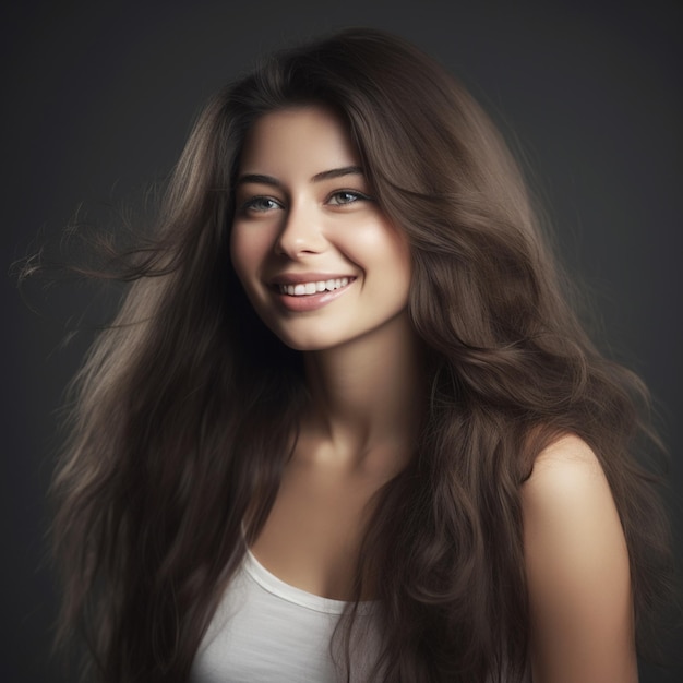 Una mujer con cabello castaño largo y una camiseta sin mangas blanca está sonriendo.