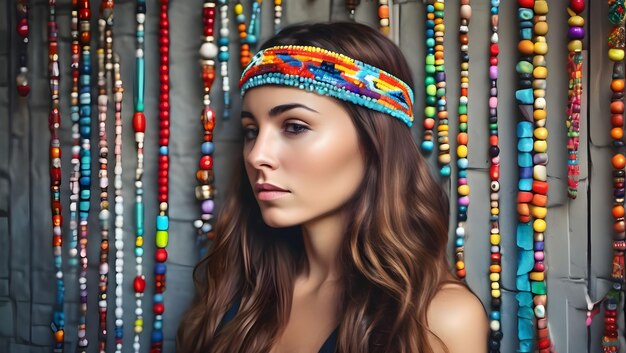 Mujer con cabello castaño largo y diadema colorida se encuentra en la pared frontal con cuentas coloridas