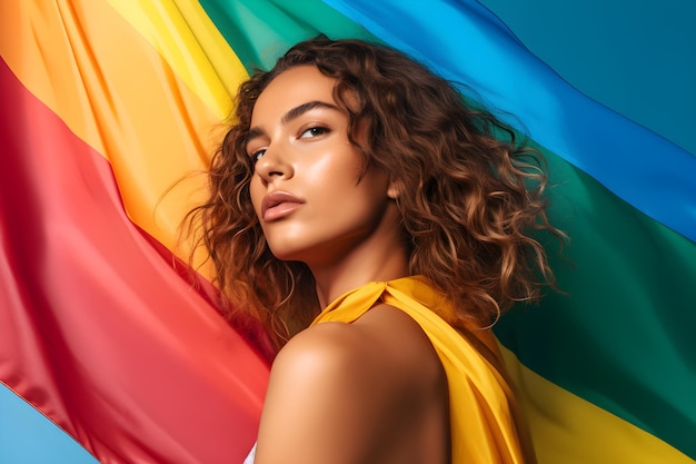 Una mujer con cabello castaño rizado se para frente a una bandera del arco iris