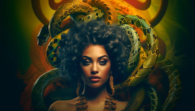 Una mujer con cabello castaño y serpientes alrededor de su cabeza.