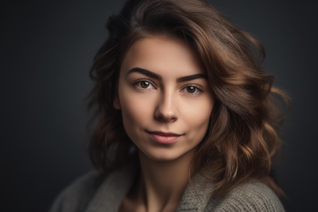 Una mujer de cabello castaño y suéter gris mira a la cámara.