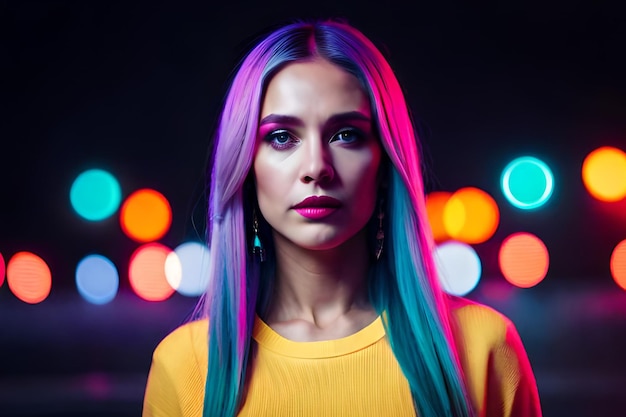 Una mujer con el cabello de color brillante se para frente a un fondo borroso de luces.