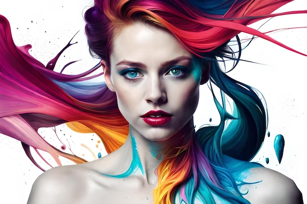 Una mujer con cabello colorido y cabello azul con la palabra agua en el frente