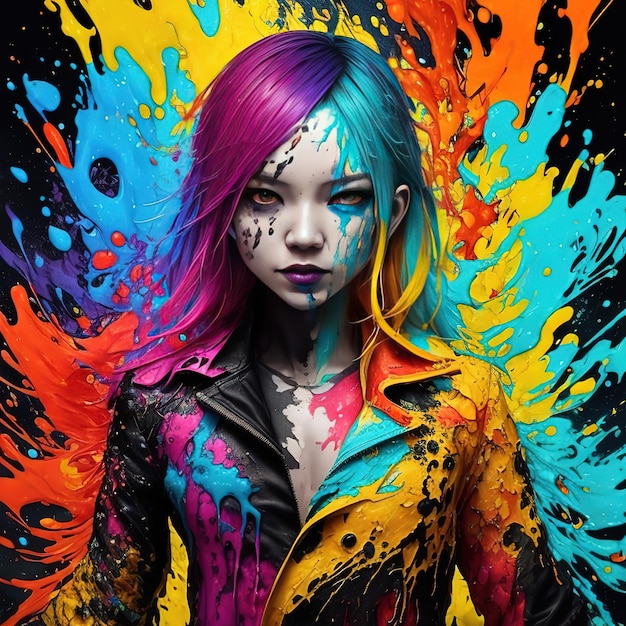 Una mujer con cabello colorido y una chaqueta que dice "arcoiris".
