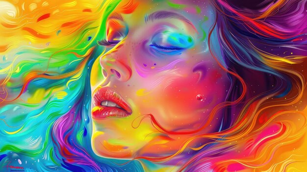 Mujer con cabello colorido contra el fondo del arco iris
