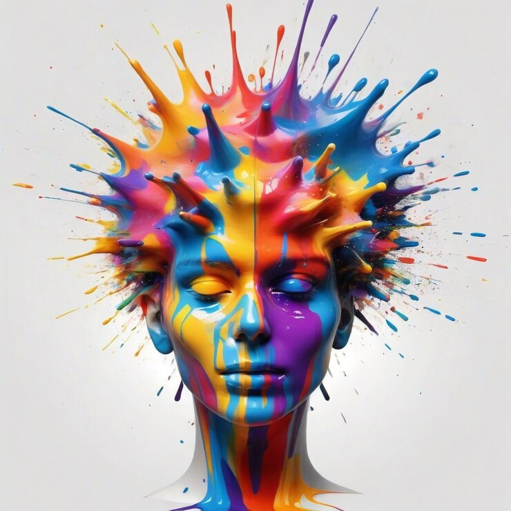 una mujer con cabello colorido está cubierta de pintura colorida