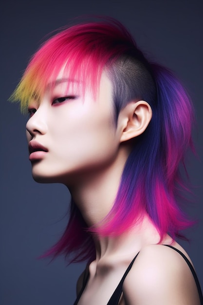 Una mujer con cabello colorido y un estilo de cabello colorido.