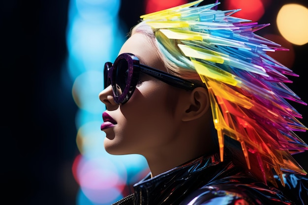 Una mujer con cabello colorido y gafas de sol.