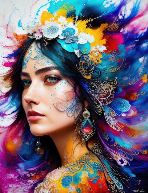 Una mujer con cabello colorido y una pluma en la cabeza.