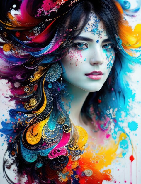 Una mujer con cabello colorido y una pluma colorida en la cabeza.