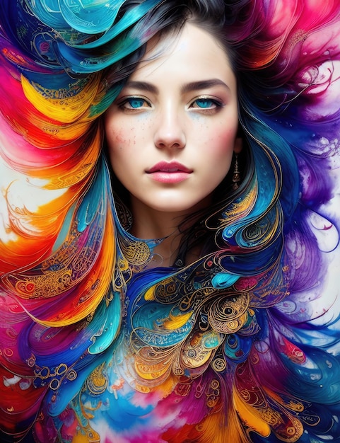 Una mujer con cabello colorido y una pluma colorida en la cabeza.